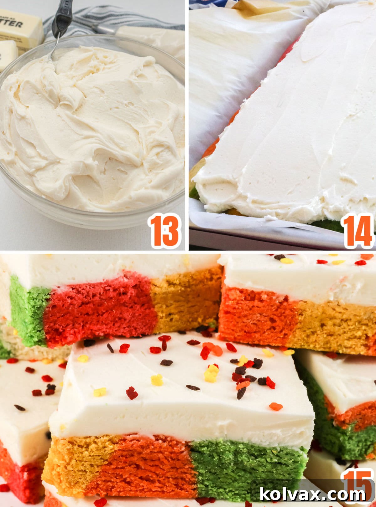 Marbled Harvest Sugar Cookie Bars 9 A collage showcasing the process of frosting the baked Harvest Marble Sugar Cookie Bars and adding decorative fall sprinkles.