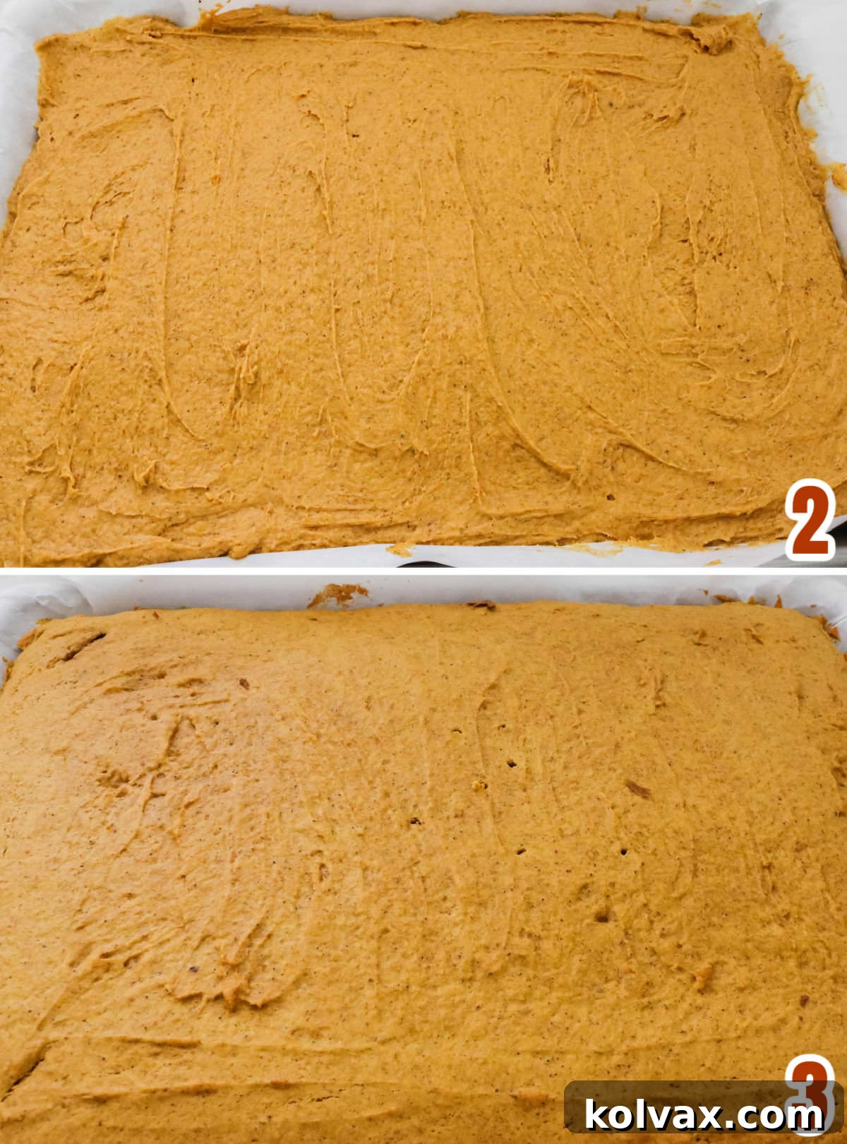Collage image showing the step-by-step process for baking the Pumpkin Spice Cake Bites, from mixing the batter to spreading it on a sheet pan.