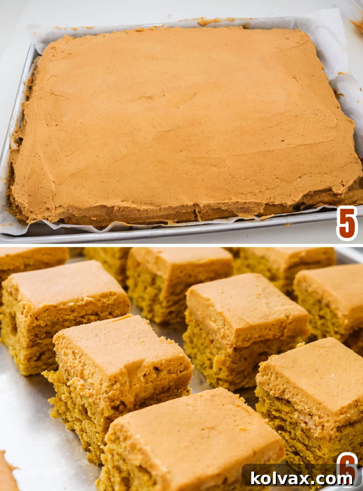 Collage image demonstrating how to frost and decorate the pumpkin cake bites, showing the frosting application and cutting process.
