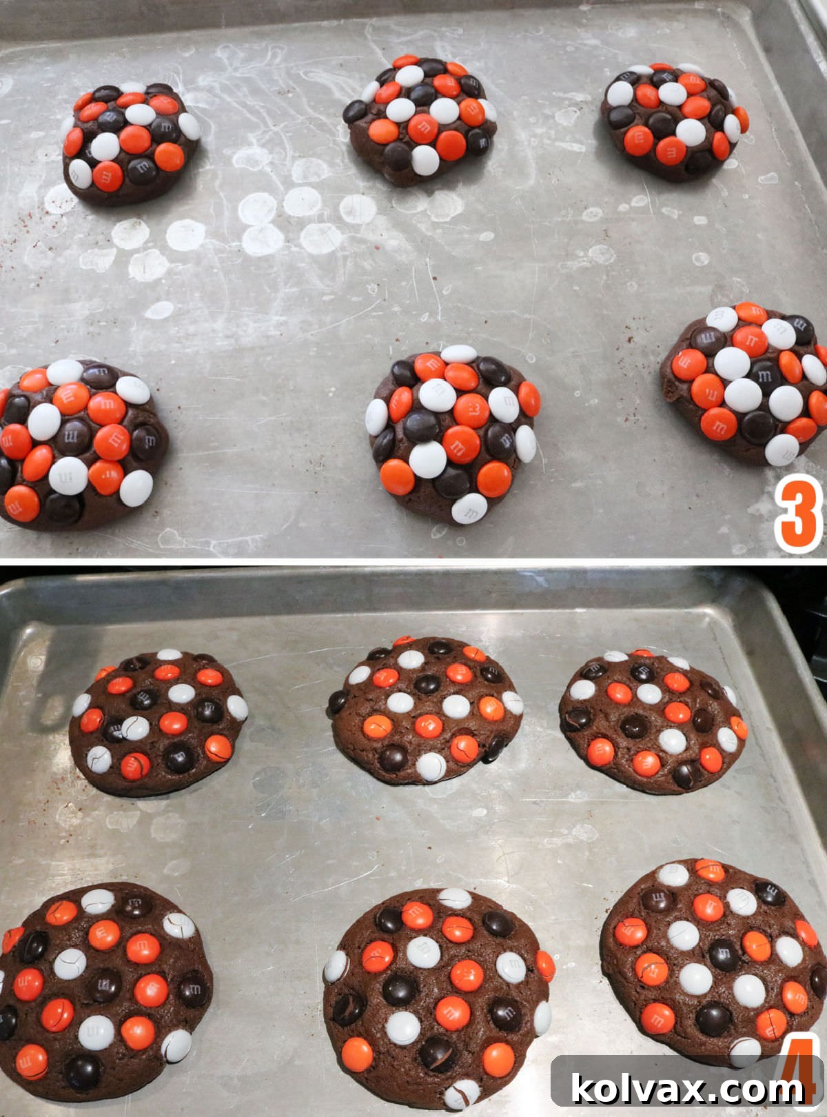 A collage image showing Halloween M&M Cookies both before and after baking on a cookie sheet, highlighting the transformation.