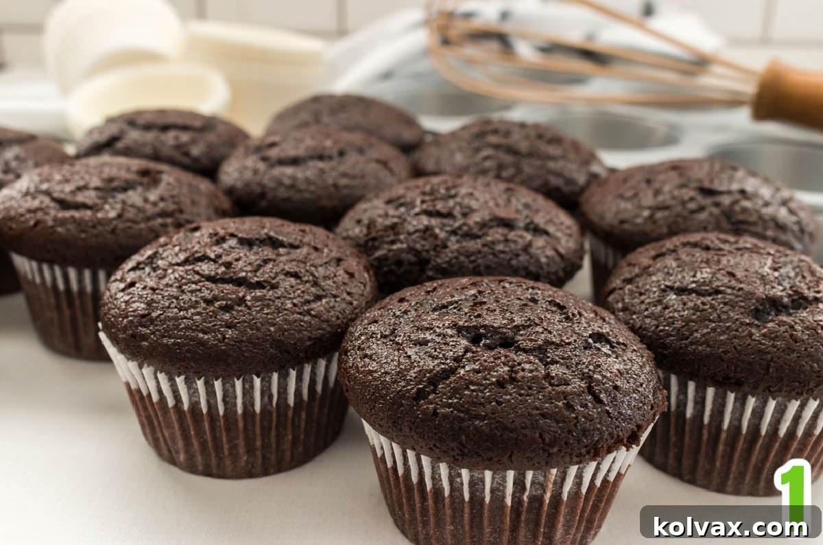 Closeup on a dozen chocolate cupcakes sitting on a white table in front of a cupcake tin and cupcake liners.