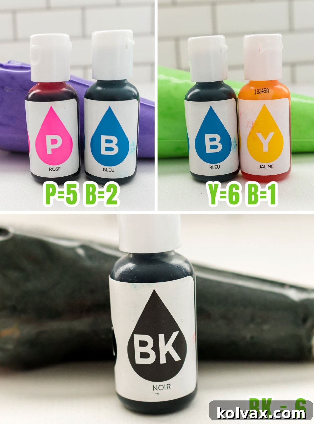 Collage image showing how to make buttercream frosting purple, green and black.