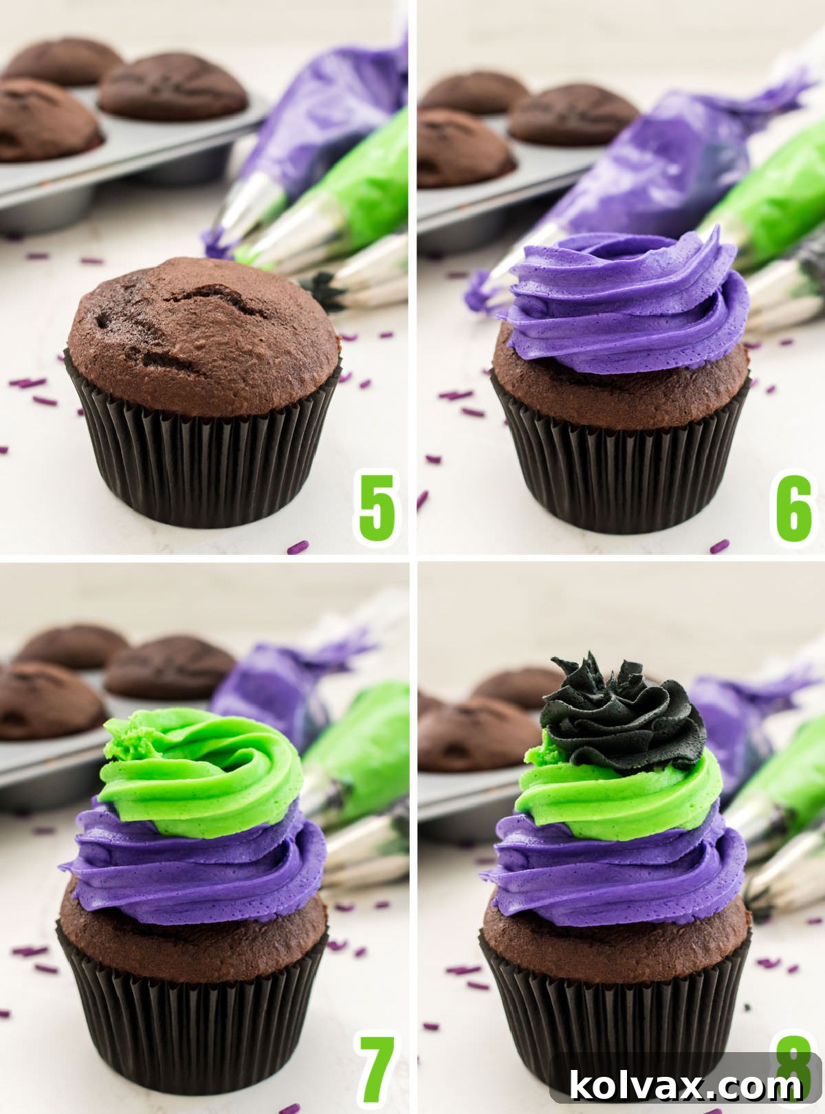 Collage image showing the steps for creating the Frosting Swirl out of purple, green and black buttercream frosting.