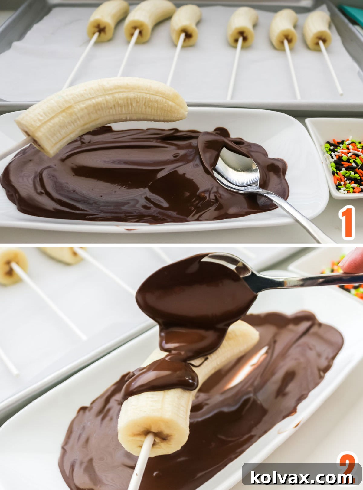 Collage showcasing the step-by-step process of covering bananas with melted chocolate for Halloween frozen bananas.