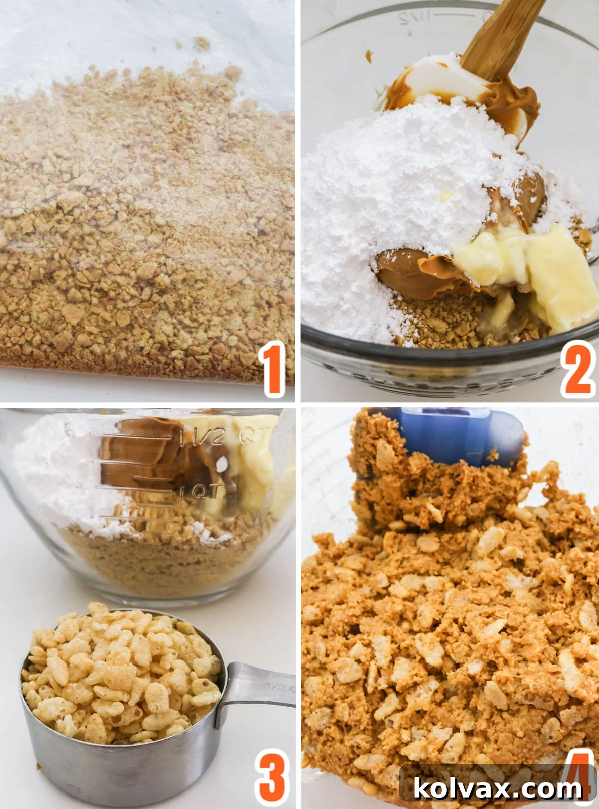 A collage of images illustrating the creation of the peanut butter filling, showing graham crackers being crushed, and then all ingredients mixed in a bowl.