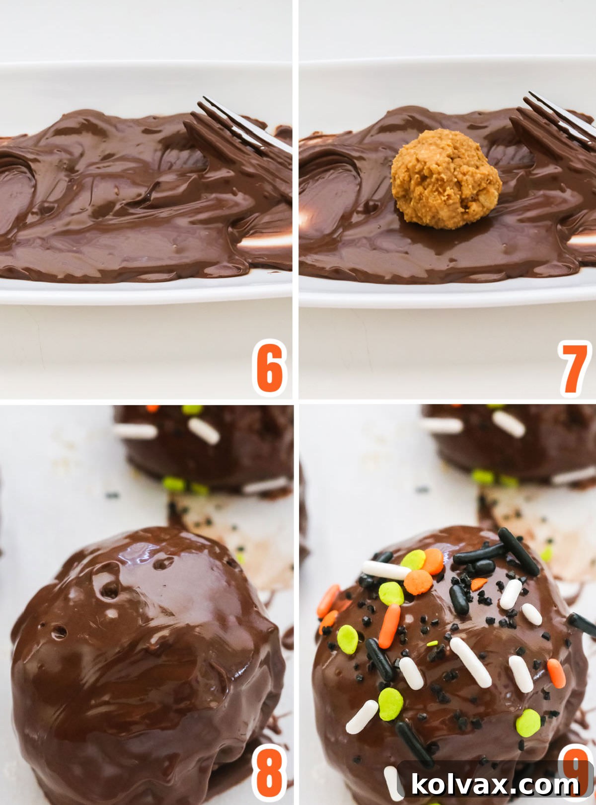 A four-panel collage demonstrating the entire process of melting chocolate, dipping peanut butter balls, adding sprinkles, and the final coated truffles with festive Halloween decorations.