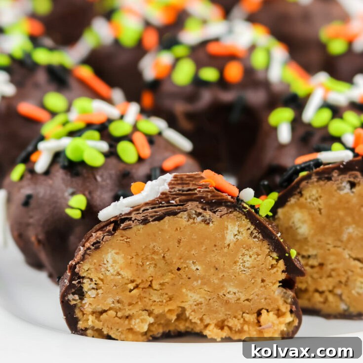 Peanut Butter Crunch Balls - a delicious homemade Halloween treat, ready to be enjoyed.