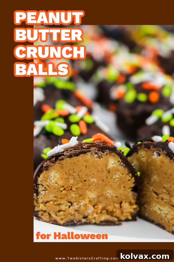 Pinnable image of Peanut Butter Crunch Balls for Pinterest sharing.