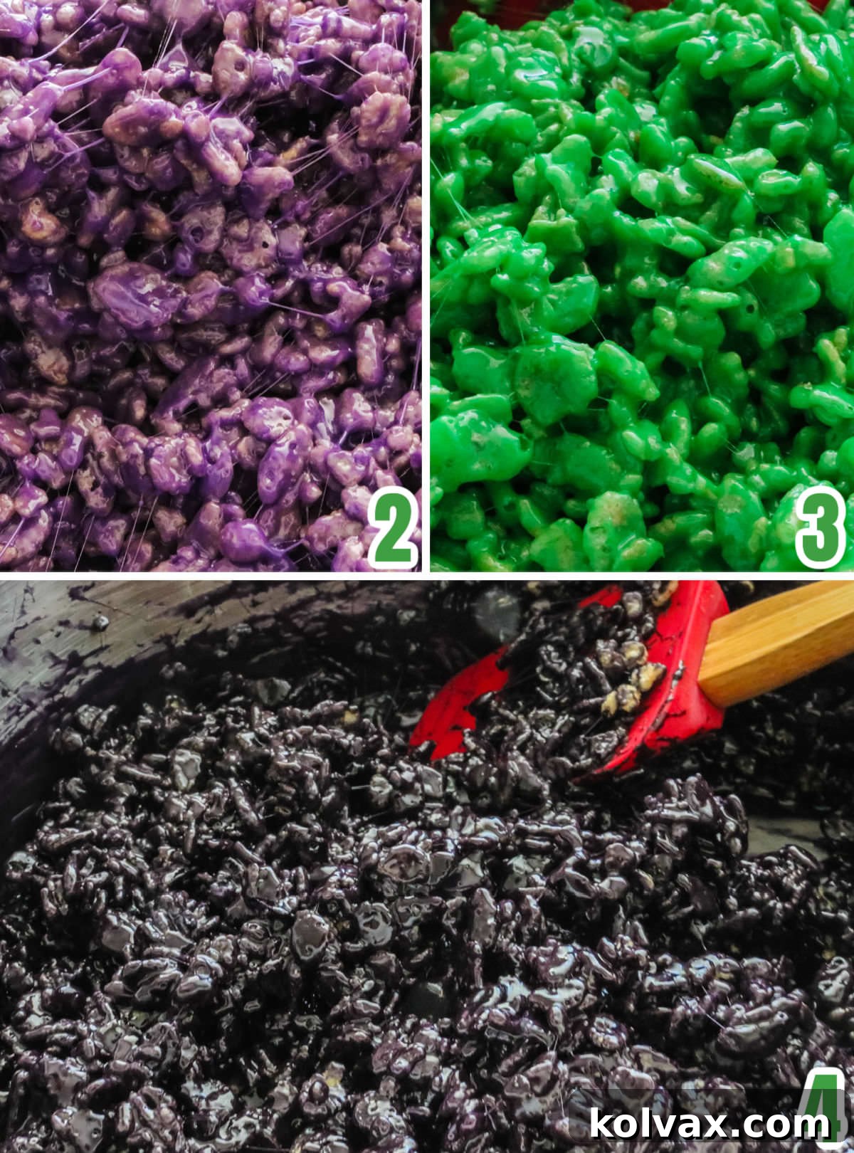 Collage image showing the process of tinting the Rice Krispie Treat mixture into vibrant purple, eerie green, and deep black colors, highlighting the addition of food coloring before the cereal.