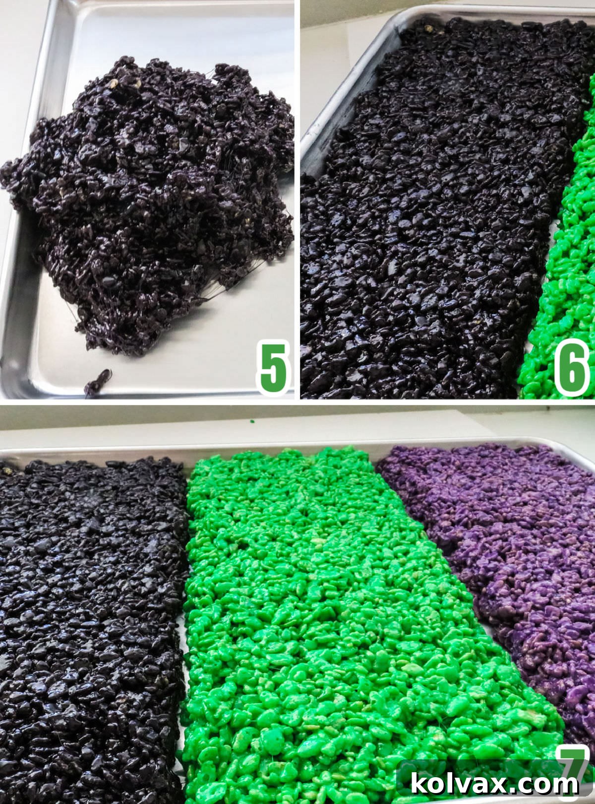 Collage image demonstrating how to create the individual purple, green, and black layers of Rice Krispie Treats on a baking sheet, pressing each color separately.