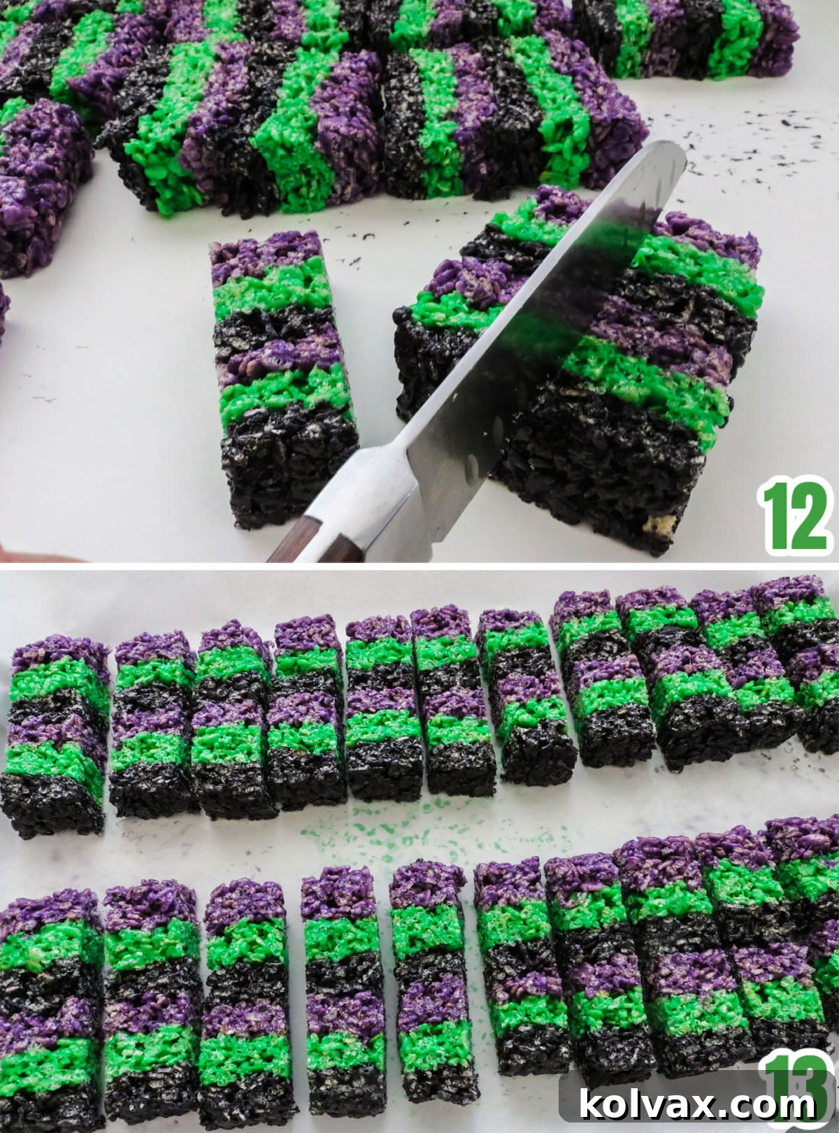 Collage image illustrating the final steps for cutting the stacked Rice Krispie Treat loaf into individual bewitched wands, showing the neat, multi-colored result.