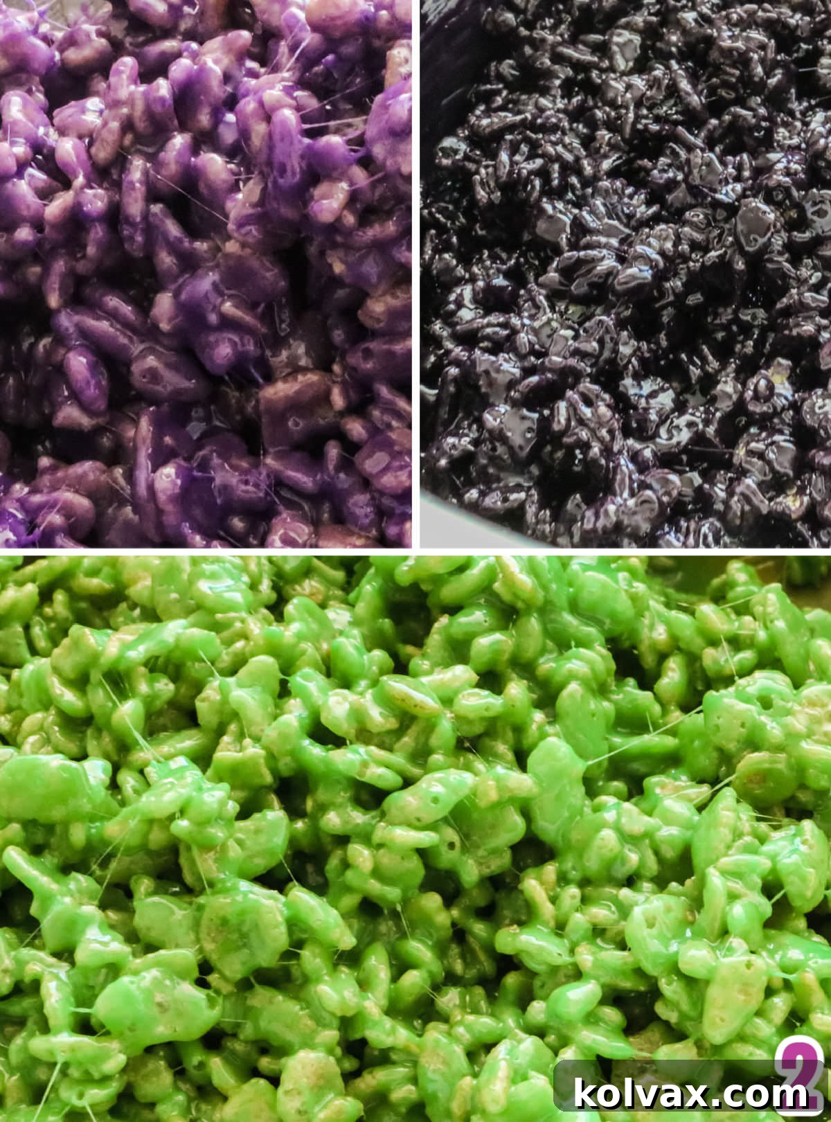 A collage image demonstrating the process of tinting Rice Krispie Treat mixture into distinct Halloween colors: vibrant purple, eerie green, and deep black.