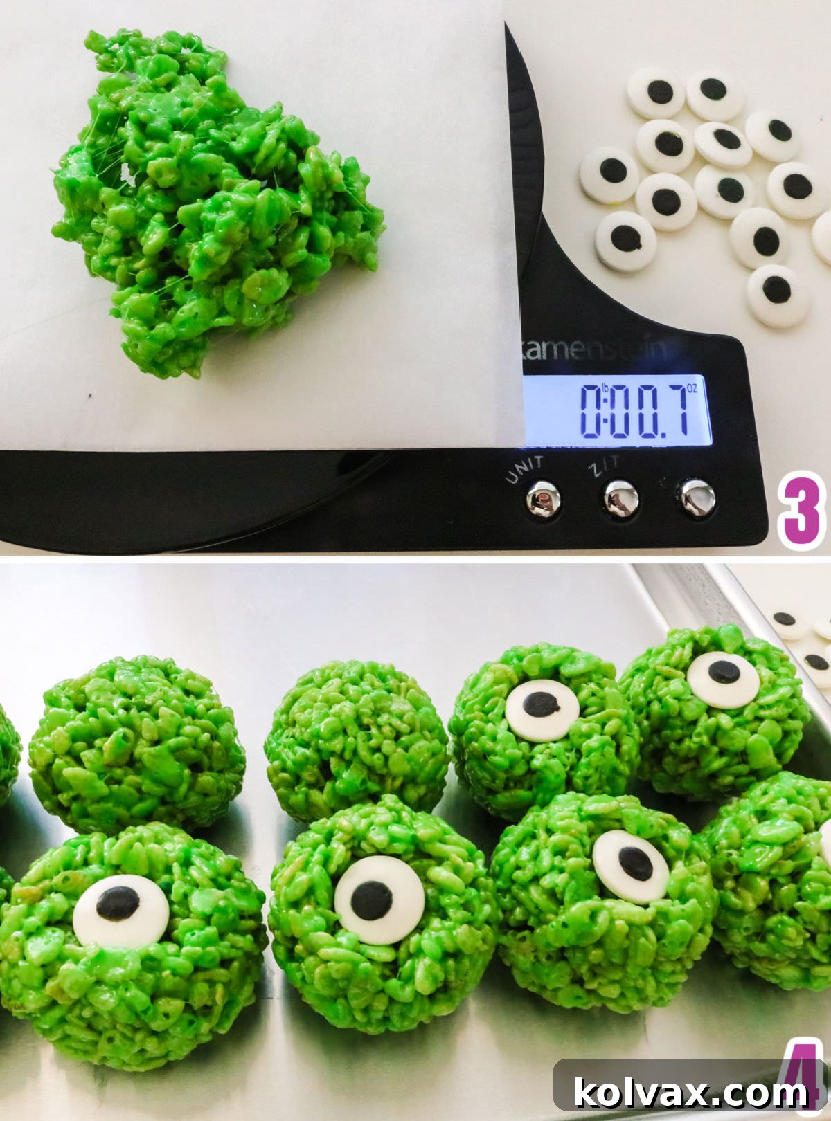 A collage image illustrating the sequential steps required to form the Monster Eye Balls Rice Krispie Bites, from rolling the mixture to inserting candy eyes.