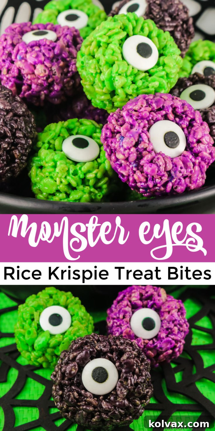 Monster Eye Balls Rice Krispie Bites - pinnable image for Pinterest with vibrant Halloween colors.