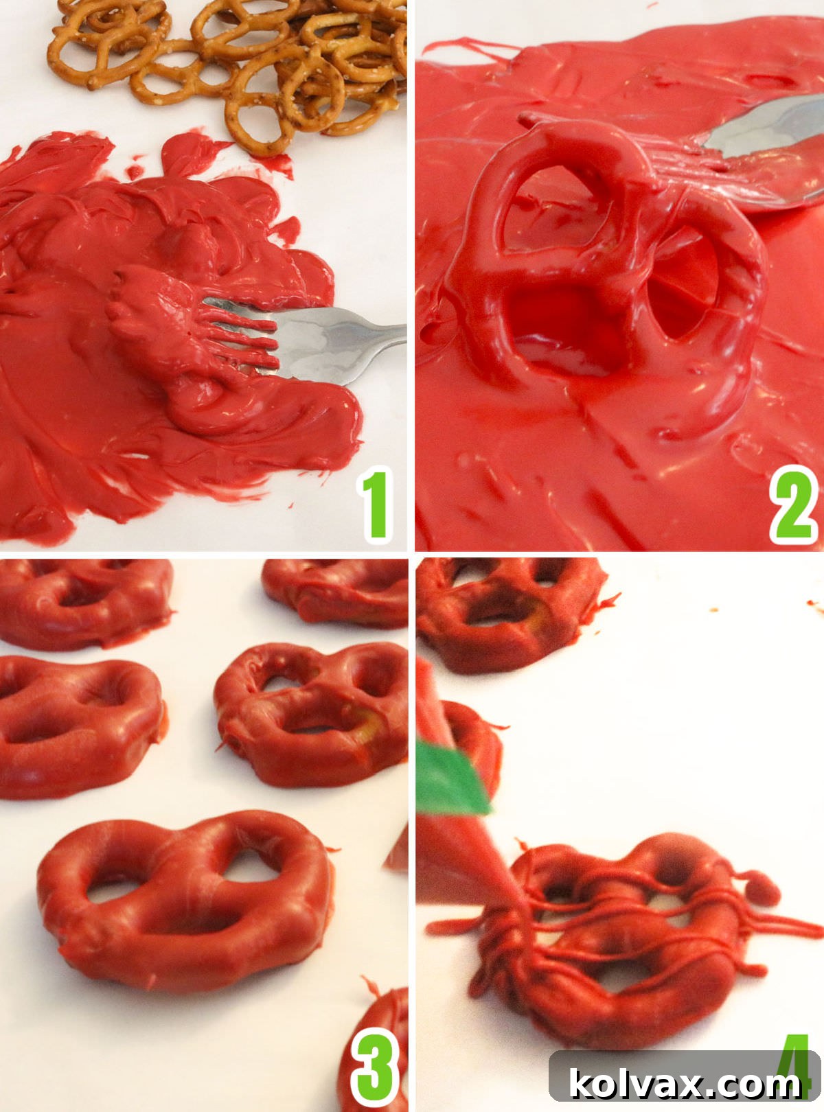 Collage image showing how to cover the pretzels in red candy melt mixture.