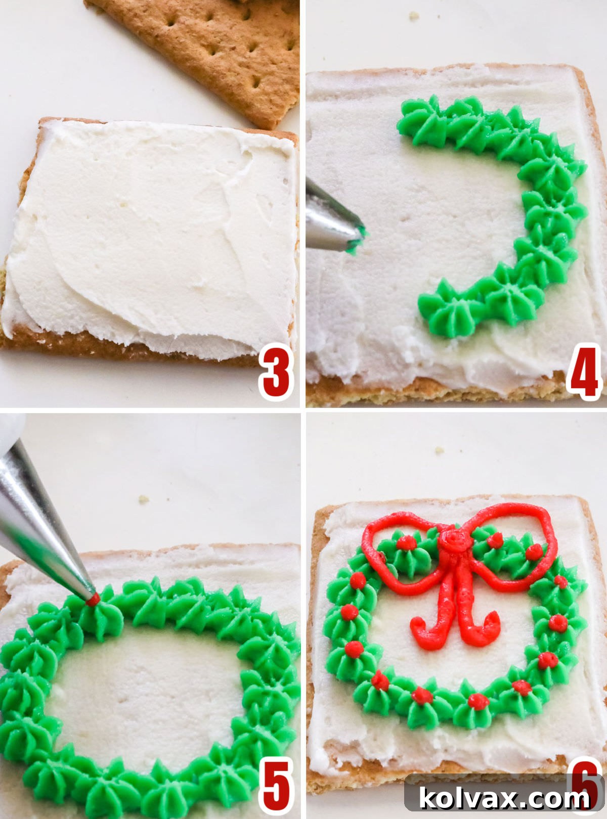A detailed collage image showing the step-by-step process for making an elegant Christmas Wreath out of green frosting, complete with red holly berries and a bow, on a graham cracker.