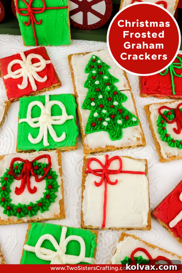 Pinnable image featuring beautifully decorated Christmas Frosted Graham Crackers, perfect for sharing on Pinterest for holiday treat ideas.