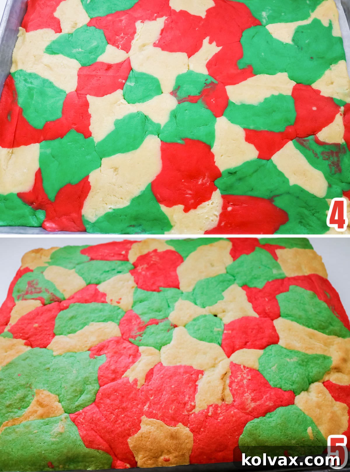 A collage image showcasing the Christmas Marble Sugar Cookie Bars both before and after baking. The top image shows the raw marbled dough evenly pressed on a baking sheet, and the bottom image displays the golden-baked bars, slightly puffed and ready for frosting.