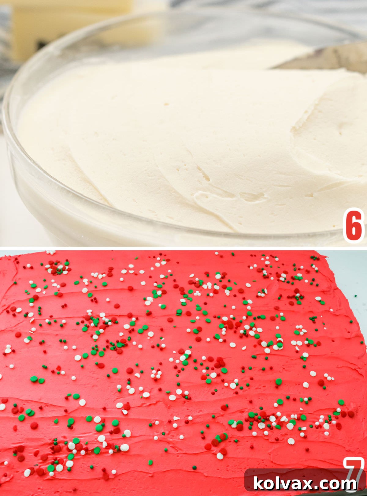 A collage image depicting the process of making the frosting: a bowl of fluffy white buttercream, followed by the buttercream tinted a rich Christmas red, and finally adorned with festive sprinkles.