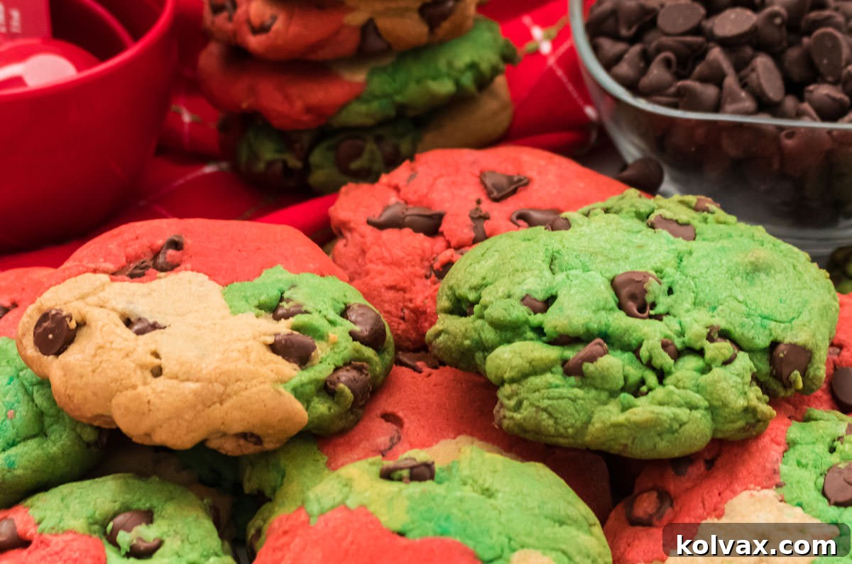 Closeup on a stack of Red and Green and Marble Christmas Chocolate Chip Cookies.