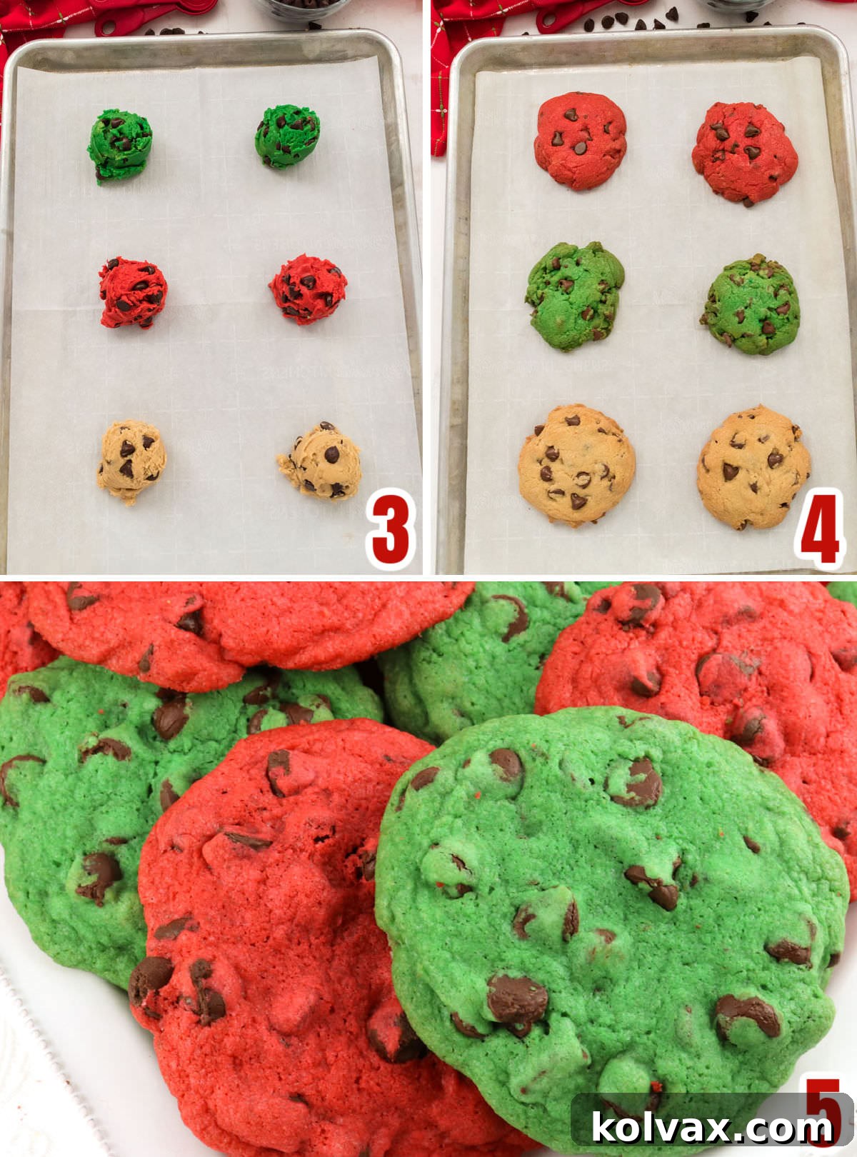 Collage image showing how to make Red, Green And White Chocolate Chip Cookies.