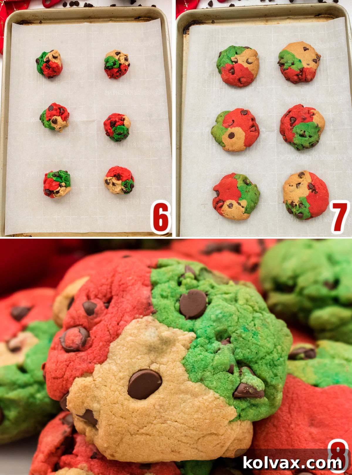Collage image showing how to use Red, Green and White Cookie Dough to make Marble Chocolate Chip Cookies.