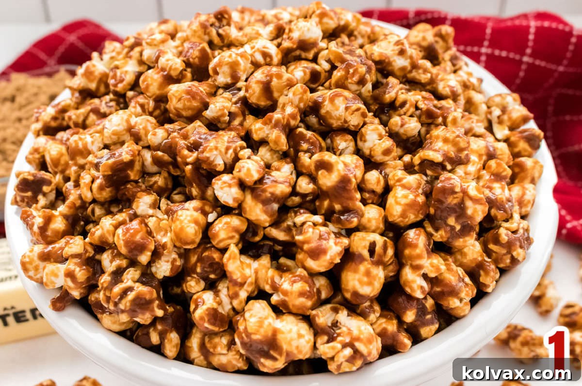 Close-up of a large bowl of freshly made, fluffy homemade popcorn, ready for caramel coating.