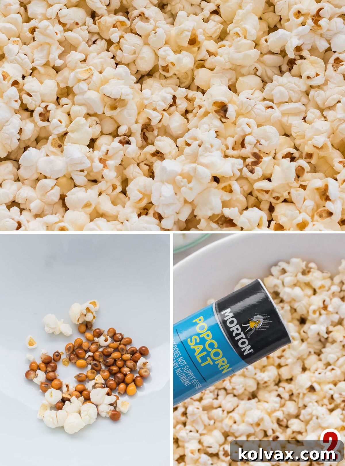 Collage showing steps for popping corn: kernels in a pot, popped corn, and checking for unpopped kernels.