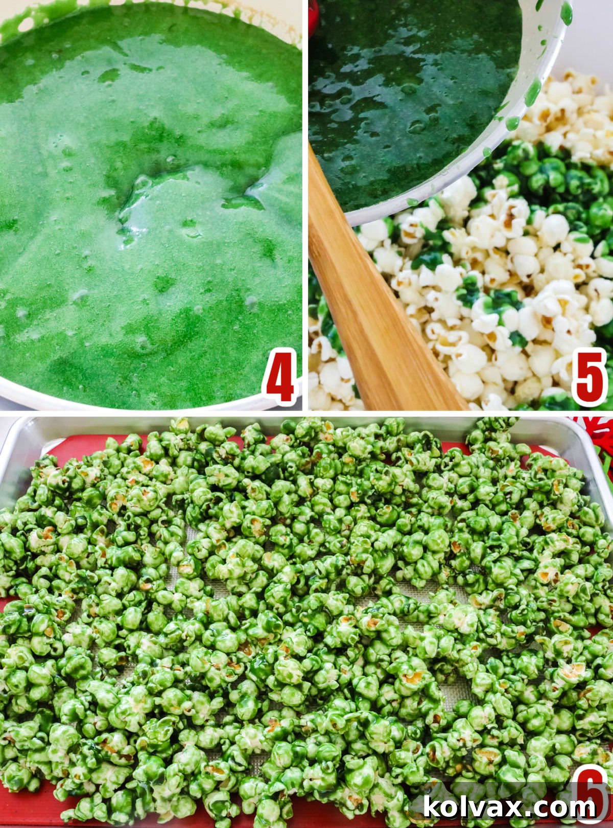 Collage illustrating the steps for making and coloring the green caramel corn mixture.