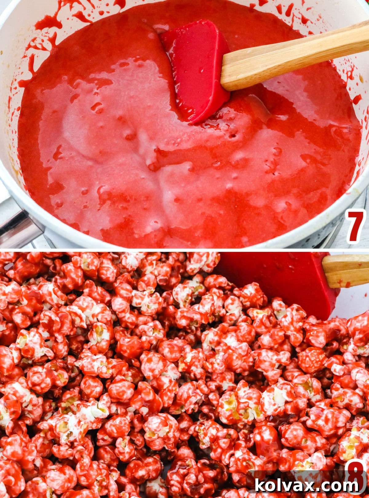 Collage illustrating the steps for making and coloring the red caramel mixture.