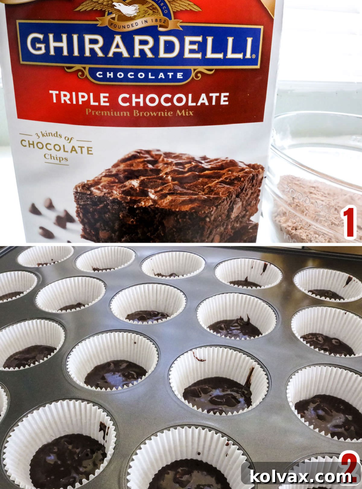 Collage image showing the simple steps for preparing brownie batter from a box mix and carefully spooning it into cupcake liners, ensuring an even base for the gingerbread layer.