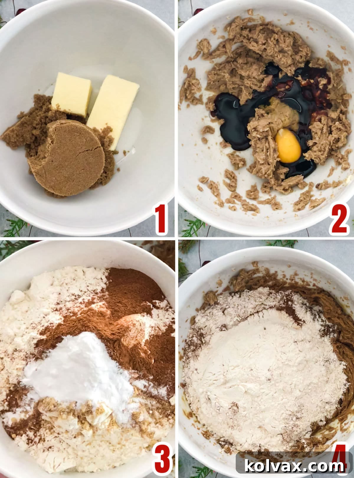 Festive Gingerbread Crinkles 3 Collage image showing the steps for making the Gingerbread Crinkle Cookies dough, including creaming butter and sugar, adding wet ingredients, and combining dry ingredients.