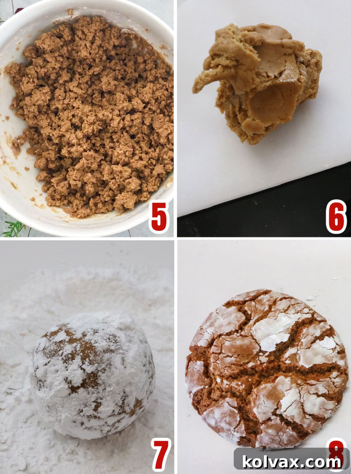 Festive Gingerbread Crinkles 4 Collage image showing the steps for baking the Gingerbread Crinkle Cookies, including chilling, rolling in powdered sugar, and placing on a baking sheet.
