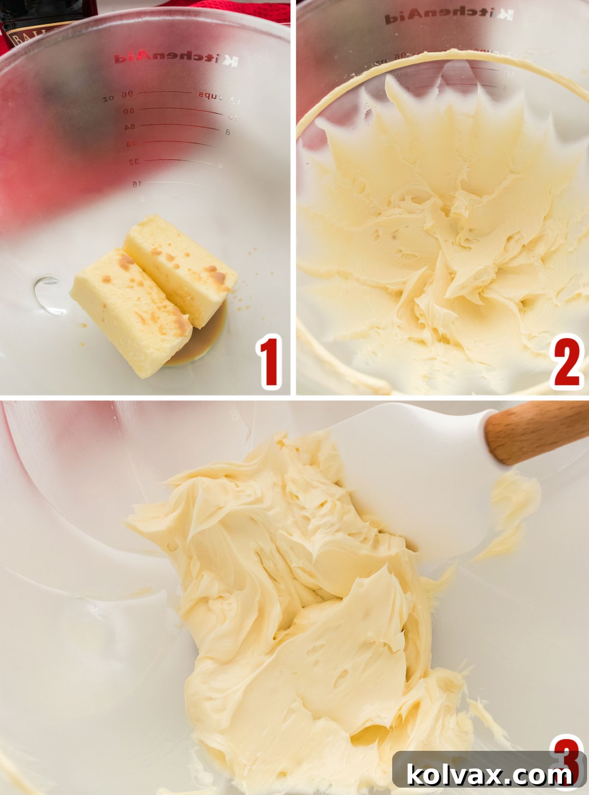 A visual collage illustrating the initial steps of mixing Baileys Irish Cream Liqueur with softened butter to form the flavorful base for the frosting.