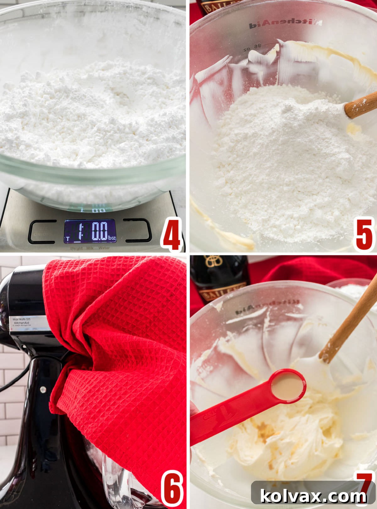 A collage demonstrating the process of gradually adding powdered sugar to the creamed butter and Baileys mixture for the buttercream frosting.