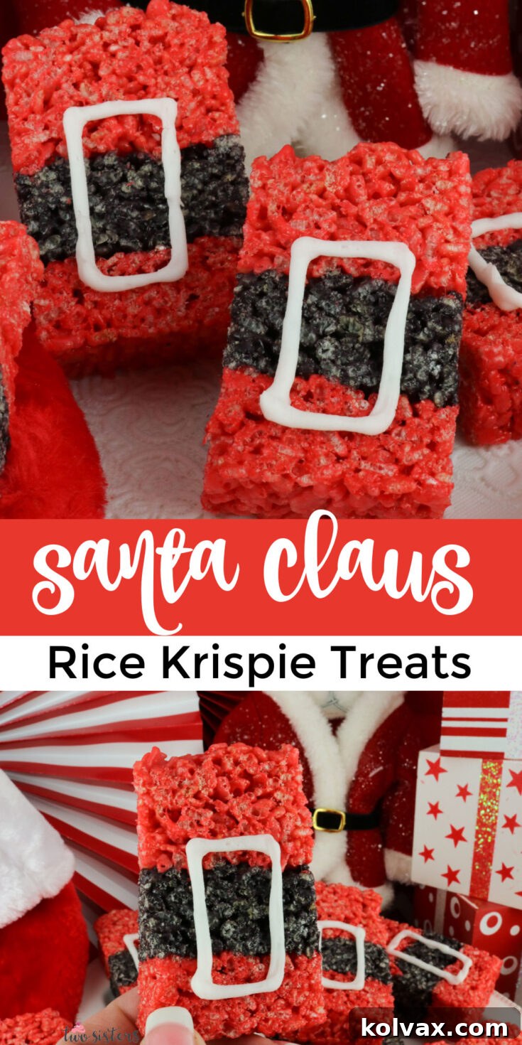 Pinnable image of Santa Claus Rice Krispie Treats, a festive and fun Holiday dessert.