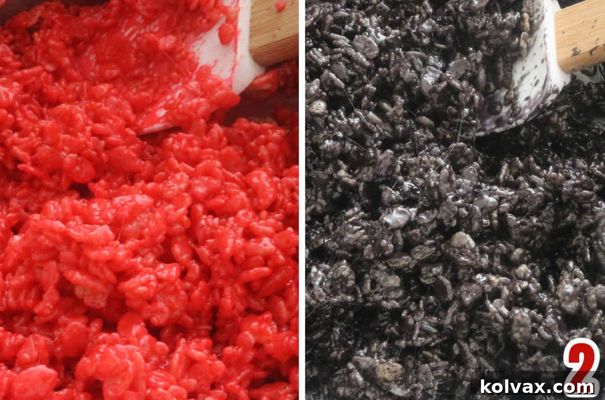A step-by-step collage illustrating the process of mixing and achieving vibrant red and black colored Rice Krispie Treat mixtures, ready for shaping.
