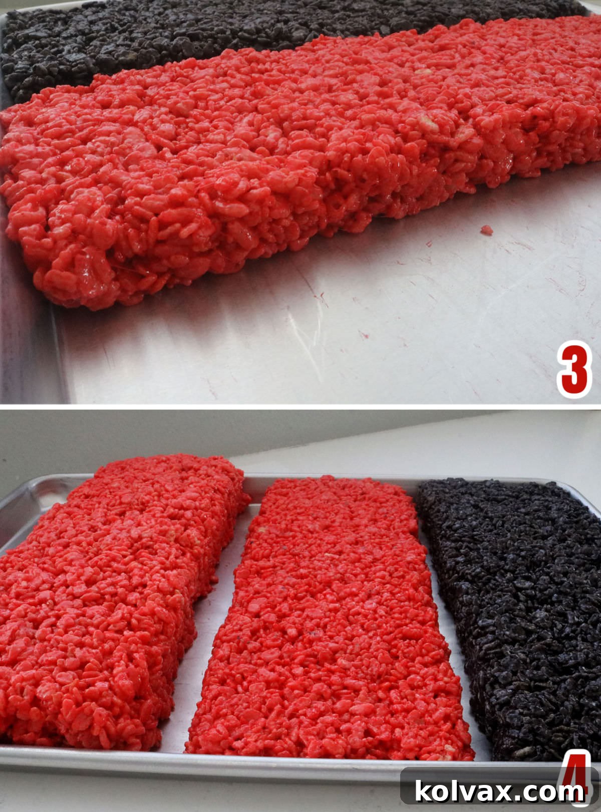 A step-by-step visual guide showing how to create and arrange the two red and one black strips of Rice Krispie Treat mixture on a cookie sheet.