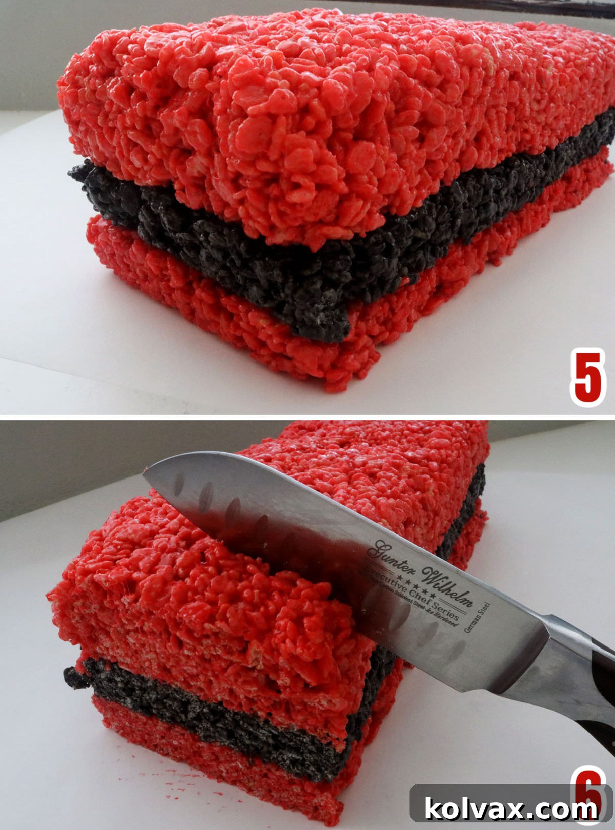 A collage demonstrating the process of carefully removing the colored Rice Krispie Treat strips from the pan and stacking them to form a layered loaf.