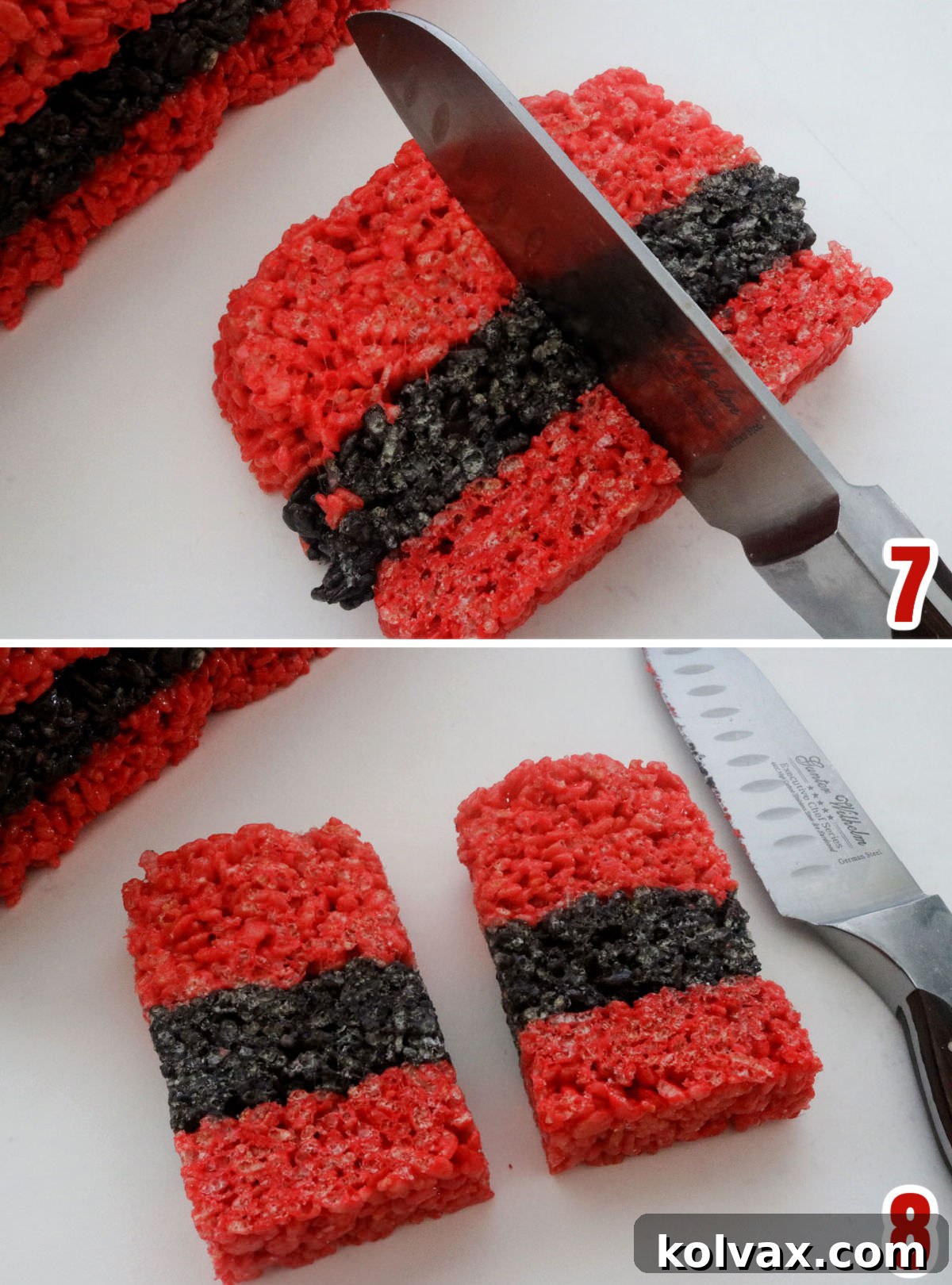 A series of images illustrating the steps to cut and shape the individual Santa Claus Rice Krispie Treats from the main loaf.