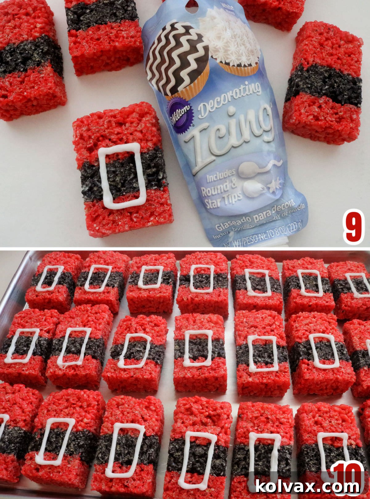 A visual guide showing how to apply white icing to create the signature Santa belt buckle design on the Rice Krispie Treats.