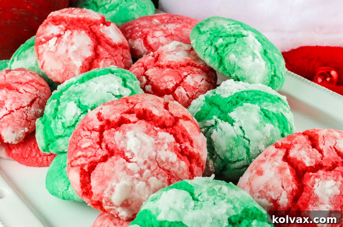 Closeup on a white serving platter filled with Red and Green Kris Kringle Crinkles.