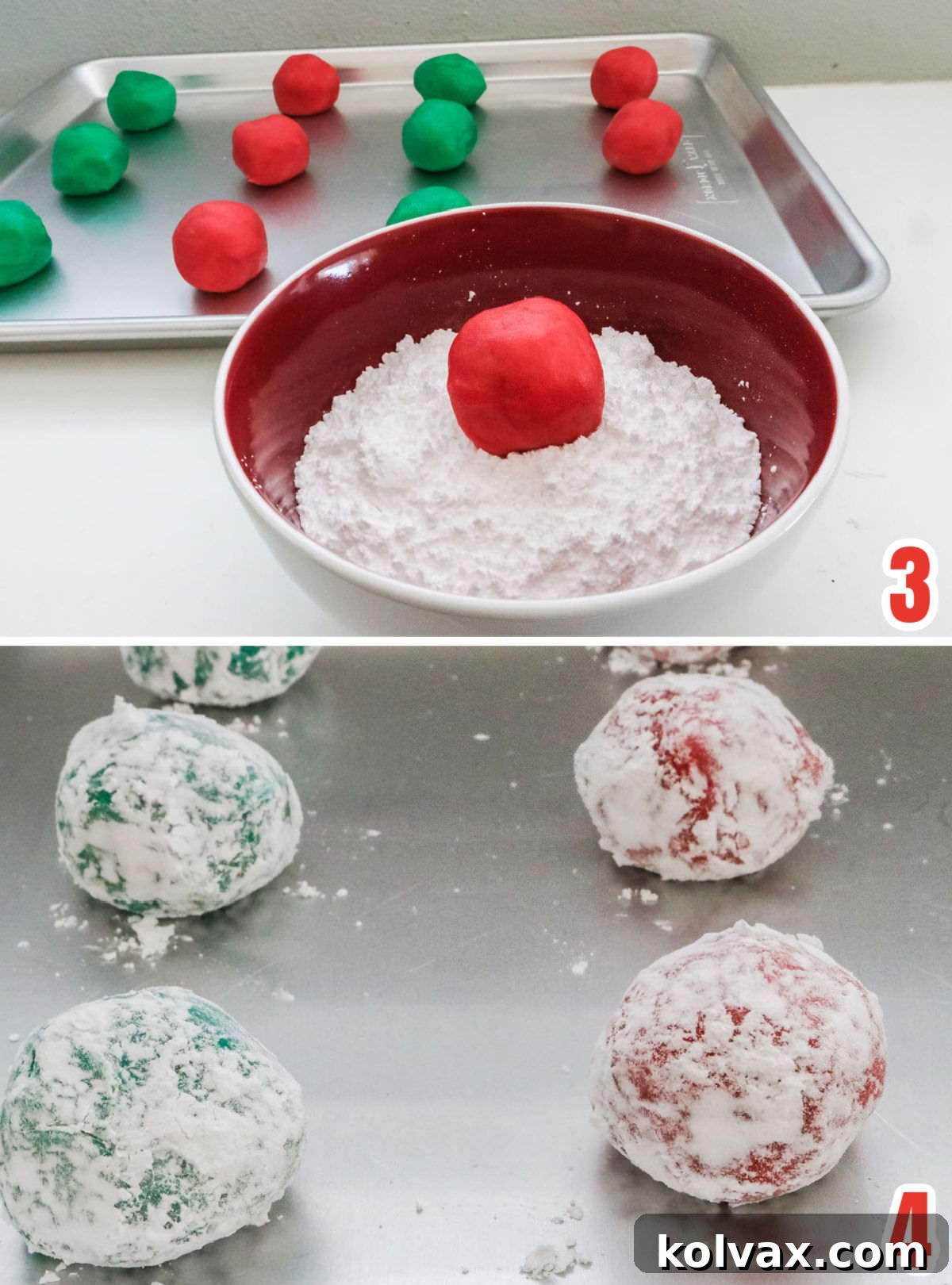 Collage image showing how to roll the cookie dough balls in powdered sugar before baking.