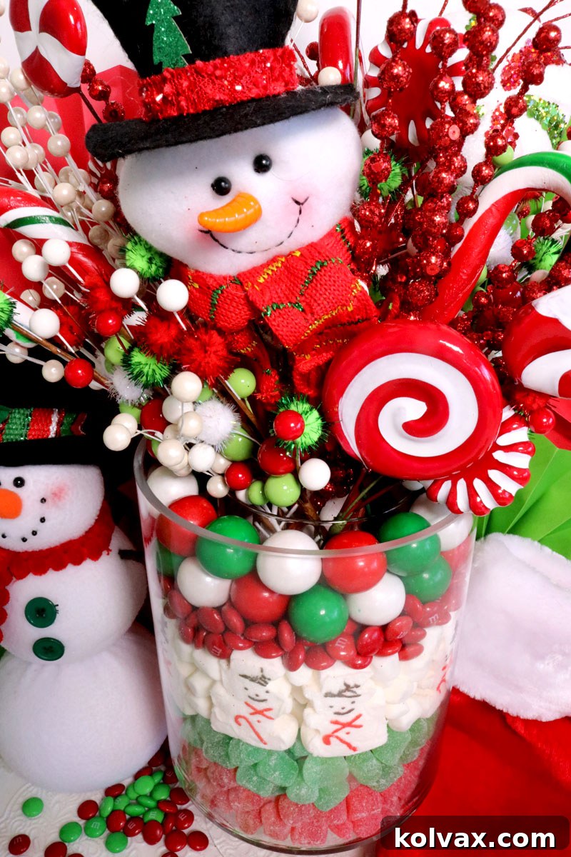 A vibrant Christmas Candy Centerpiece featuring layers of festive candies and holiday decorations, a perfect edible craft for any Christmas celebration.