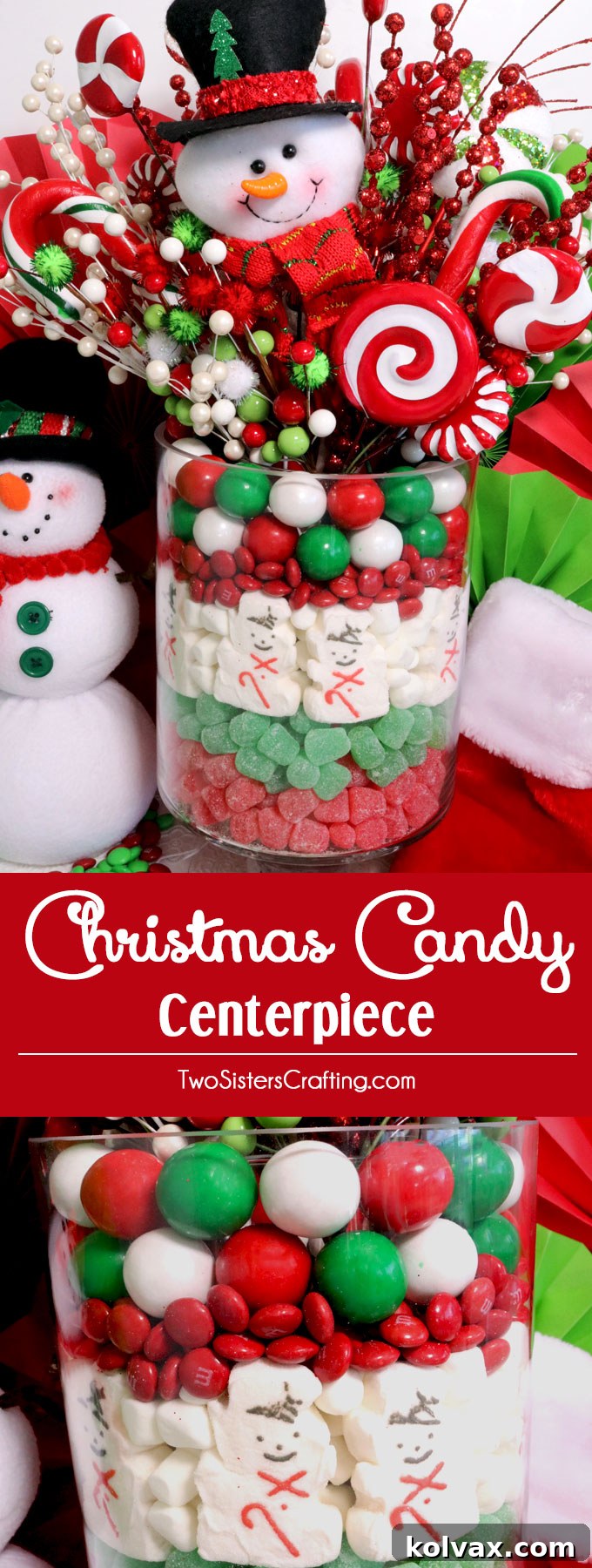 Close-up of a festive Christmas Candy Centerpiece, highlighting the colorful candy layers, charming Peeps, and decorative elements, ideal for holiday entertaining.
