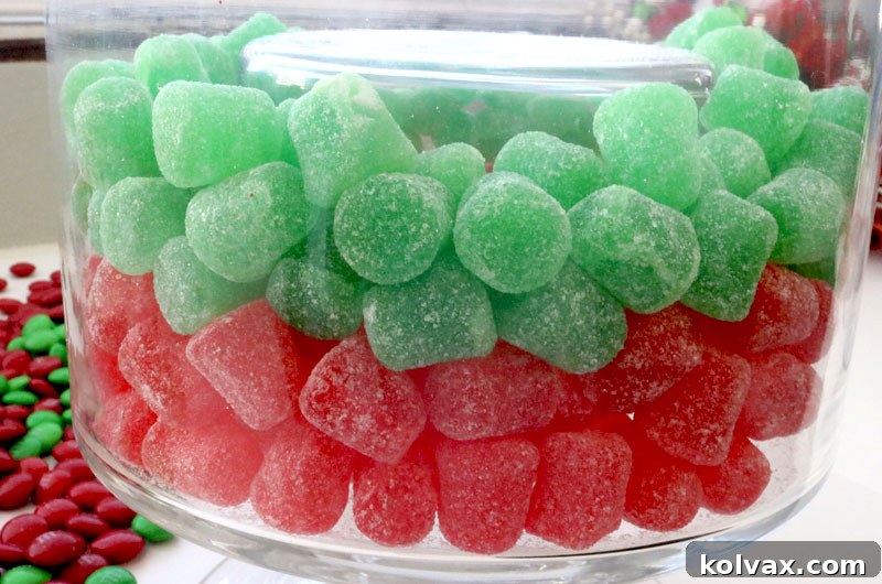 Beginning the candy layering process: a vibrant first row of red gumdrops carefully placed at the bottom of the larger vase, surrounding the inner cylinder.