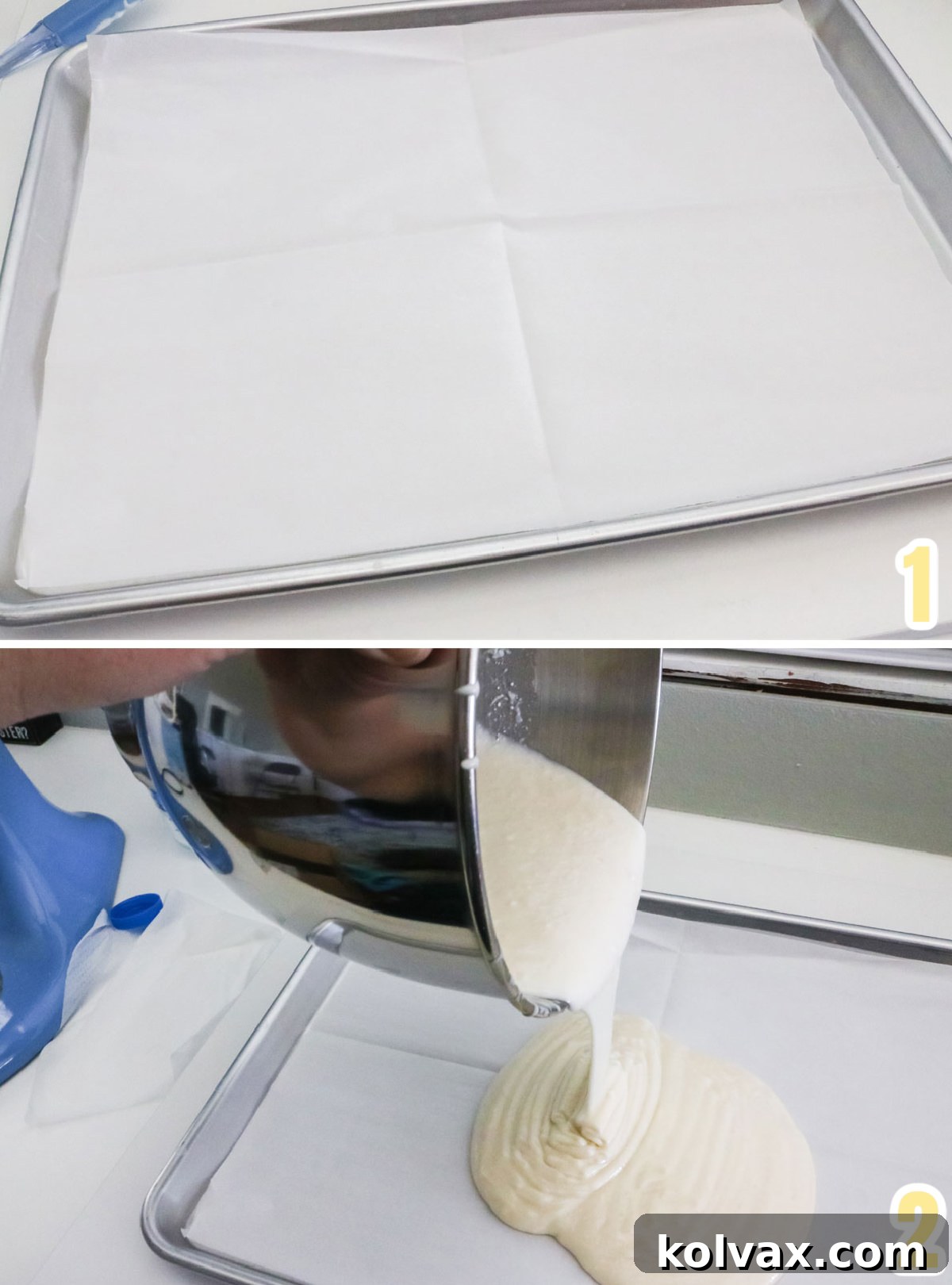 Collage image showing how to prepare the White Cake Batter in a baking sheet for baking.