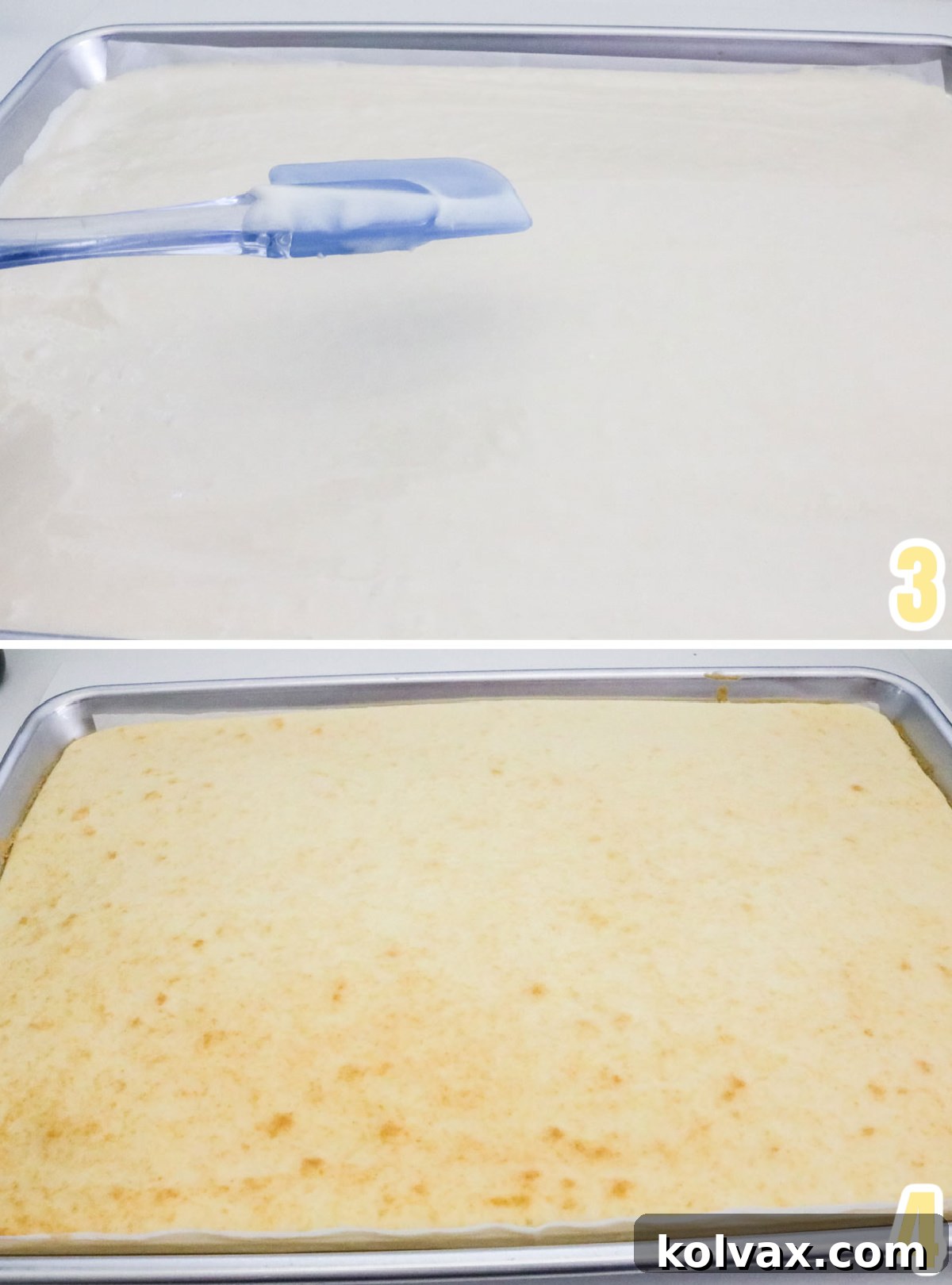 Collage image showing the cake before it went into the oven and after it came out of the oven.