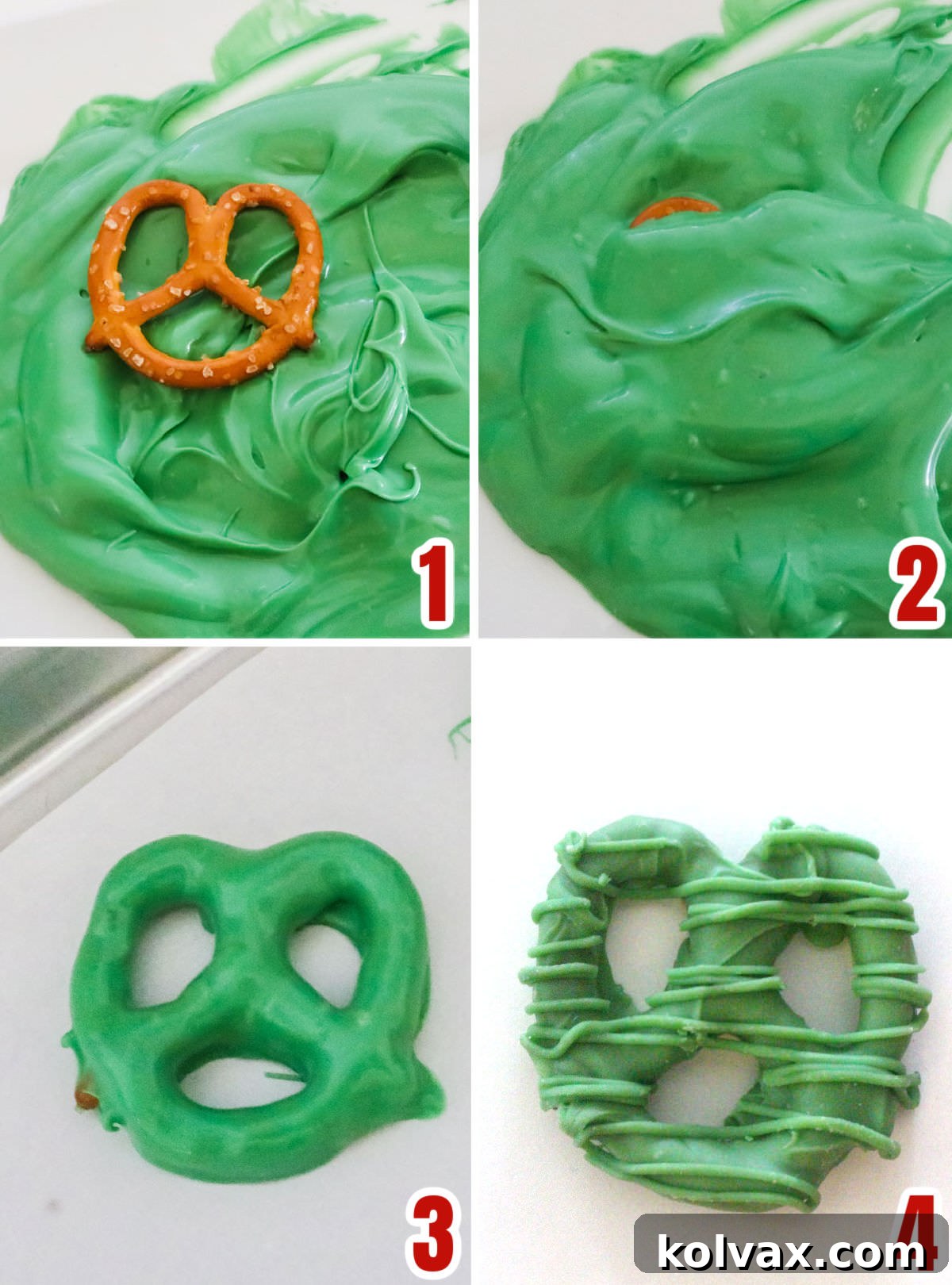 A visual guide demonstrating the process of dipping pretzels into melted candy melts.