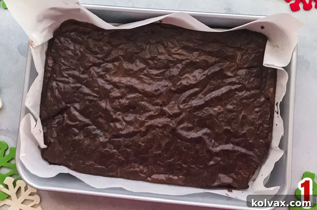 A freshly baked pan of brownies in a metal 9x13" baking pan, resting on a rustic grey tabletop, perfectly cooled and ready for the next delicious layer.